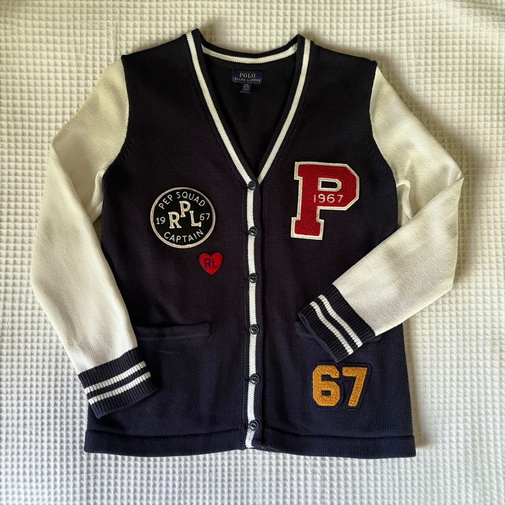 Polo Ralph Lauren Varsity Sweater Cardigan Girl's Size L 12-14 Navy Blue Knit